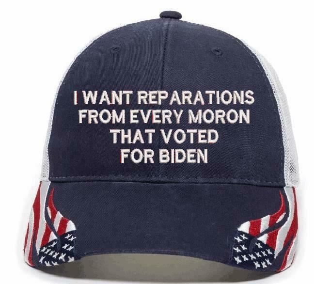 I want reparations from every moron Biden hat USA300 Adjustable Embroidered Hat