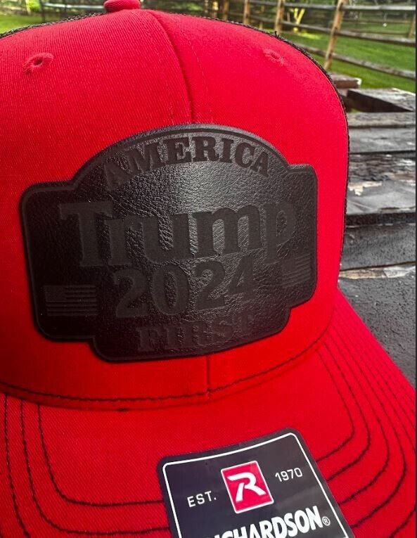 Trump 2024 Hat America First Blackout Leather Badge Hat