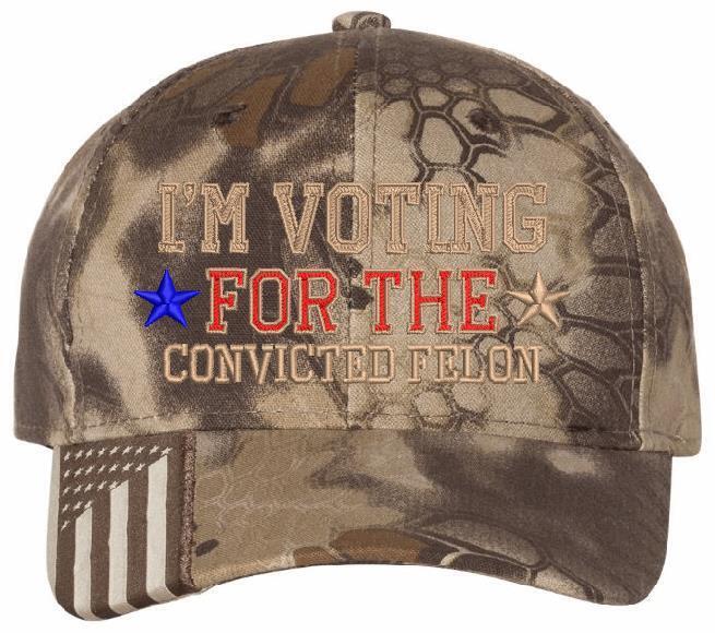 Trump 2024 Hat - "VOTING FOR CONVICTED FELON" Flex fit or Adjust. Trump Hat MAGA