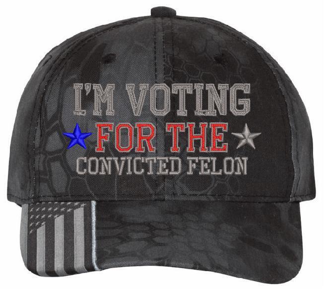 Trump 2024 Hat - "VOTING FOR CONVICTED FELON" Flex fit or Adjust. Trump Hat MAGA