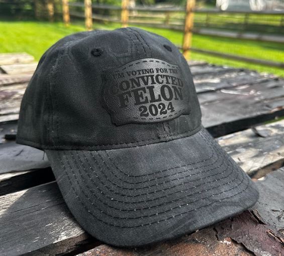 Trump 2024 Hat - VOTING FOR CONVICTEDFELON 2024 Black LEATHER BADGE TAC600 Hat