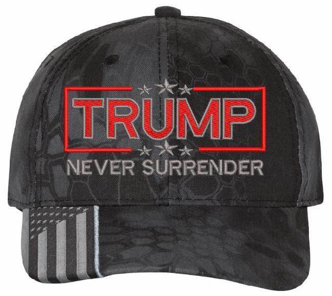 Trump Never Surrender Embroidered USA300 Flag Brim Adjustable Hat - MAGA TRUMP