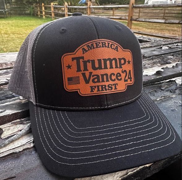 Trump Vance 2024 Stars Leather Badge Hat America First Black/Charcoal Mesh Hat