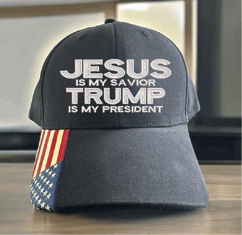 Jesus is my savior Trump is my President Hat - USA300 Flag Brim or Flex Fit MAGA