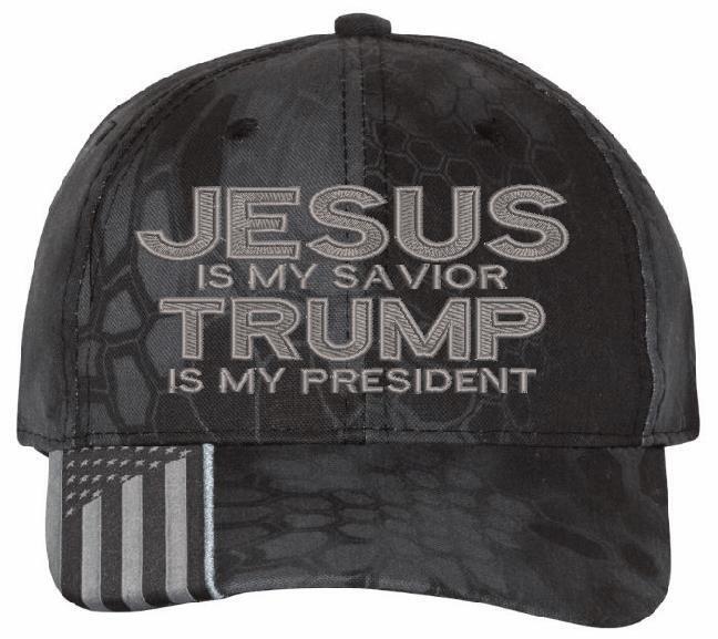 Jesus is my savior Trump is my President Hat - USA300 Flag Brim or Flex Fit MAGA