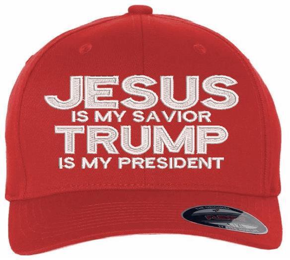 Jesus is my savior Trump is my President Hat - USA300 Flag Brim or Flex Fit MAGA