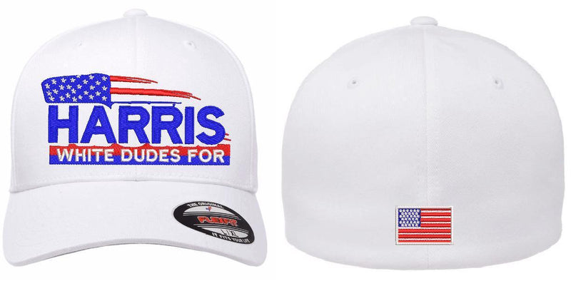 White Dudes For Harris USA Flag Hat Embroidered WHITE Flex Fit hat w/ back Flag