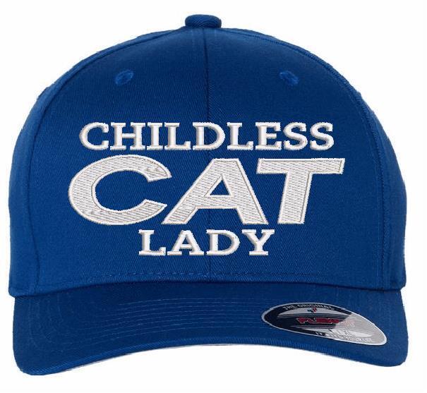 Childless Cat Lady Hat - Embroidered Royal Blue Flex Fit Kamala White Text Ver.