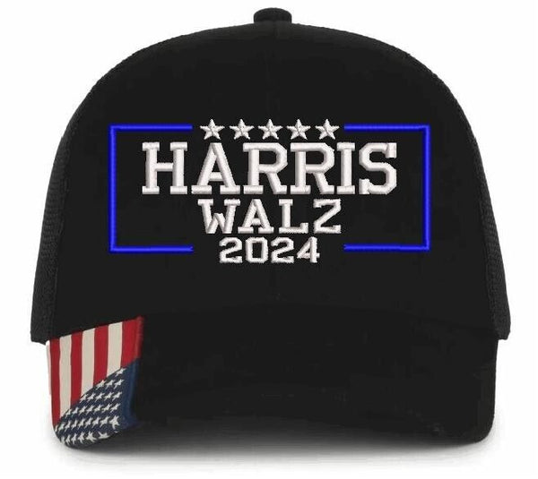 Harris Walz 2024 Embroidered Hat Black Mesh Back USA300 Adjustable Hat Kamala