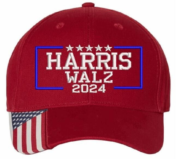 Harris Walz 2024 Embroidered Hat Red with Flag Brim USA300 Adjustable Hat