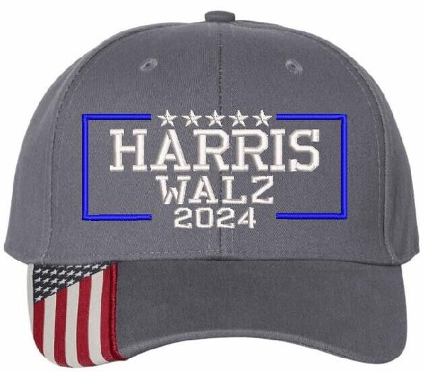 Harris Walz 2024 Embroidered Hat Charcoal Gray Flag Brim USA300 Adjustable Hat