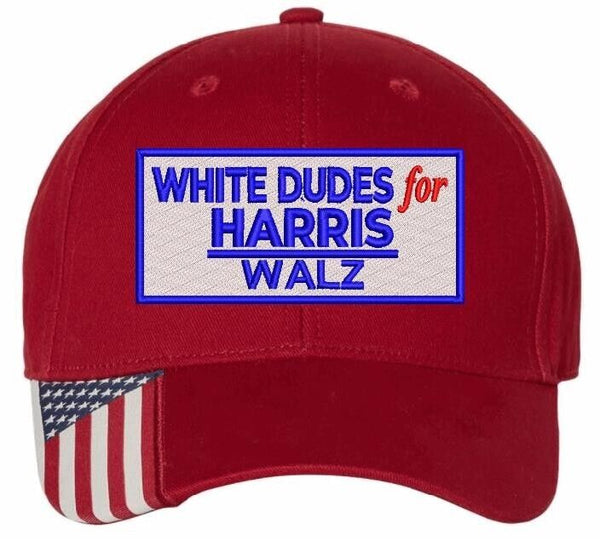 Harris Walz 2024 Embroidered Hat - White Dudes for Harris Walz Red USA300 Hat