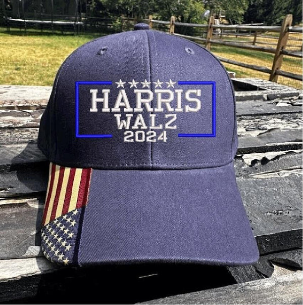 Harris Walz 2024 Embroidered Hat Navy Blue Flag Brim USA300 Adjustable Hat