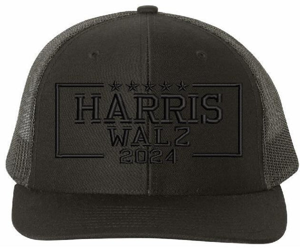 Harris Walz 2024 Embroidered Hat - OC771 Black/Black Adjustable Mesh Back Hat