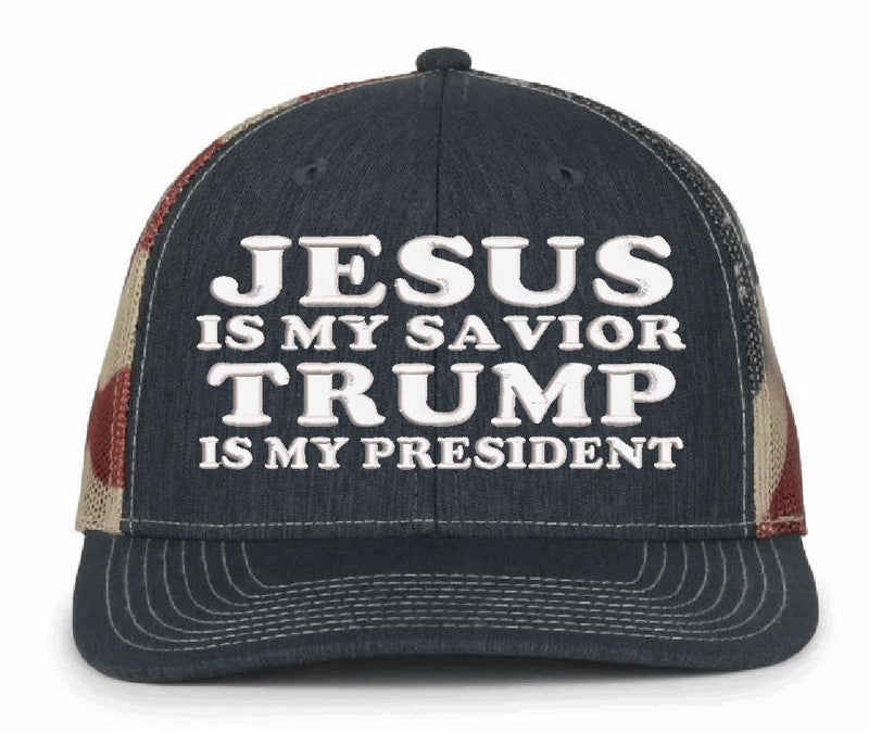 Trump Vance Hat Jesus is my Savior TRUMP is my President Old Glory Adj. Hat