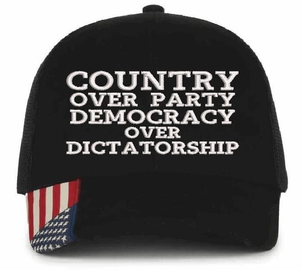 Harris Walz Trump Vance Embroider Embroidered Hat COUNTRY OVER PARTY Black Mesh