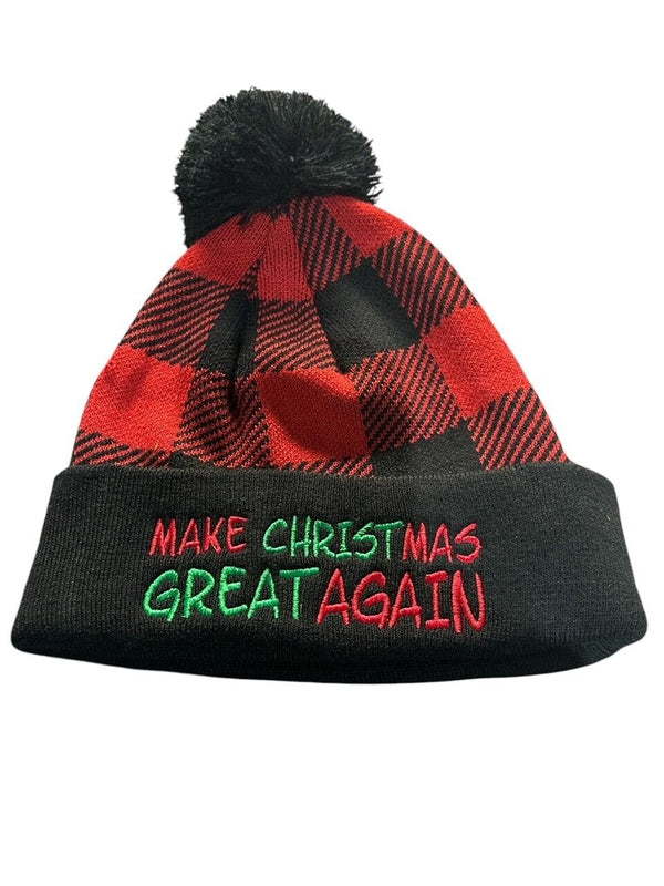 Trump 2024 Hat Make Christmas Great Again Buffalo Plaid Winter Hat with Pom Pom