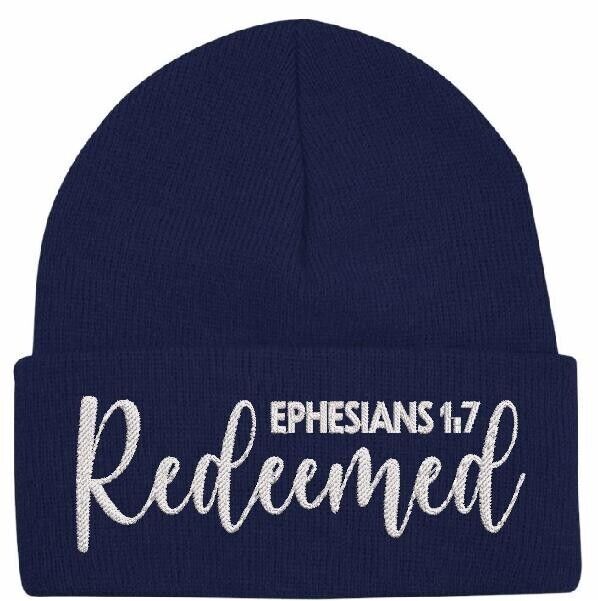 Beanies for Men "REDEEMED" Ephesians 1:7 Church Faith Christian Winter Hat