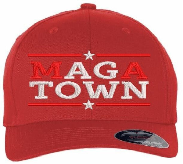 Trump 2025 MAGA TOWN Flex Fit Fitted RED Embroidered Hat Trump Vance