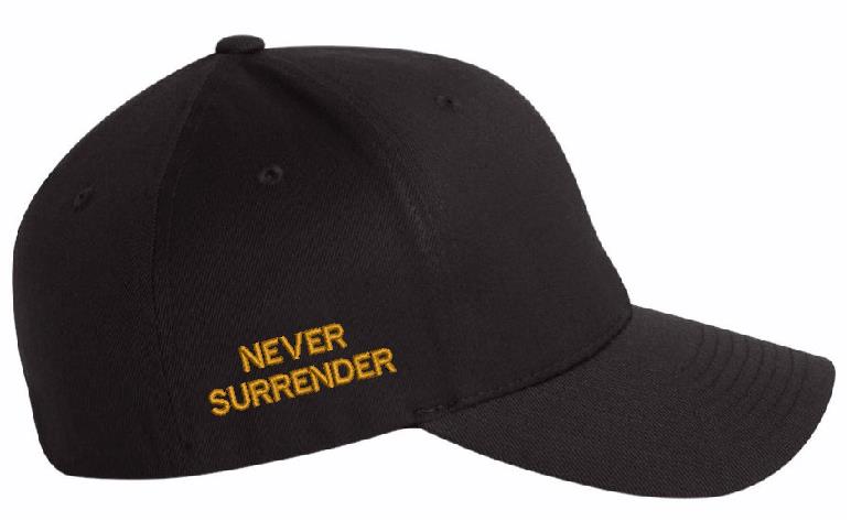 Trump 2024 Hat - Make America Great Gold Embroidery Flex Fit hat with USA Flag, Never Surrender and Trump 2024 on the back