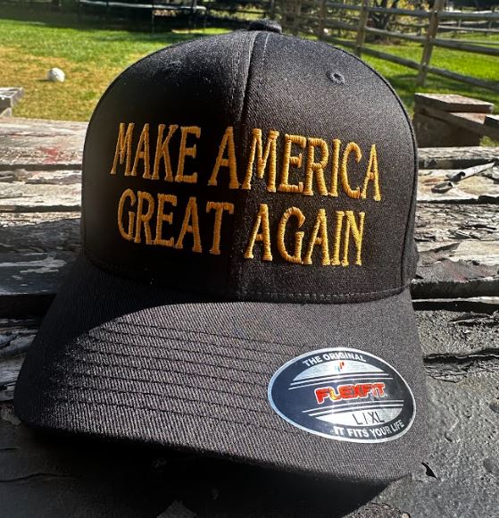 Trump 2024 Hat - Make America Great Gold Embroidery Flex Fit hat with USA Flag, Never Surrender and Trump 2024 on the back