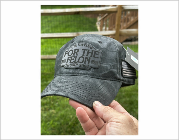 Trump 2024 Hat - VOTING FOR FELON 2024 Black LEATHER BADGE