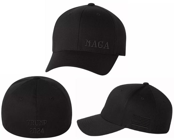 MAGA TRMP Great Again Flex Fit Black Hat - Lower Side MAGA with Flag and Back