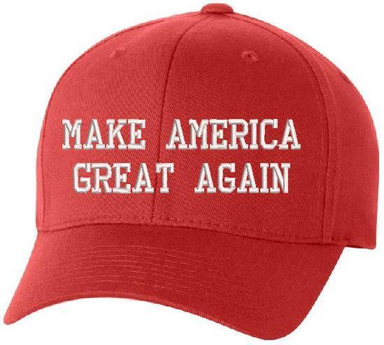 Donald Trump Make America Great Red Hat w/ USA Flag on the side White Embroidery