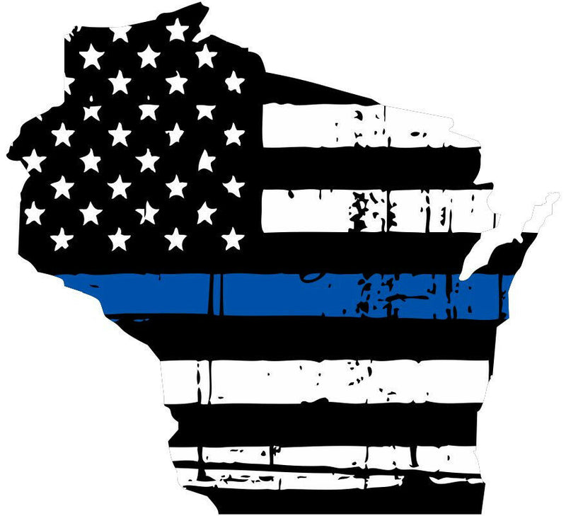 Thin Blue line decal - State of Wisconsin Tattered Flag Decal - Various Sizes