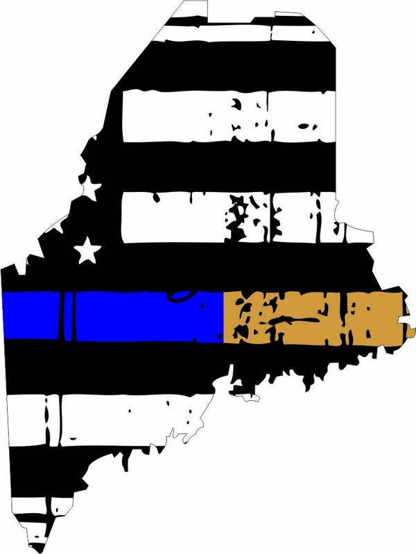 Thin Blue/Gold line decal - State of Maine Tattered Flag Decal Police Dispatch