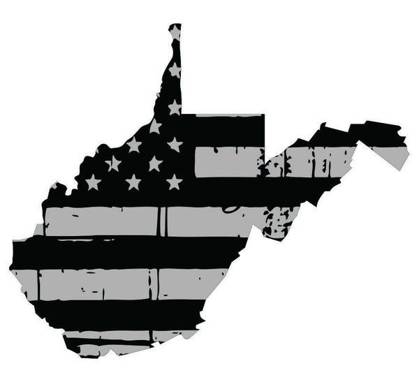 Tattered USA Flag Black/Gray window decal - State of West Virginia various size