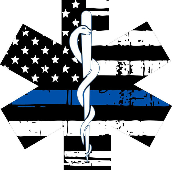 Thin Blue Line Decal-Tattered Flag EMS Star Rescue Window Decal - Various Sizes
