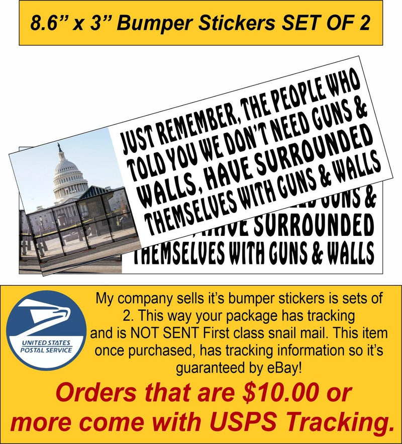 Political Bumper Stickers Tear down walls don't need guns 8.6"x3" Set of 2