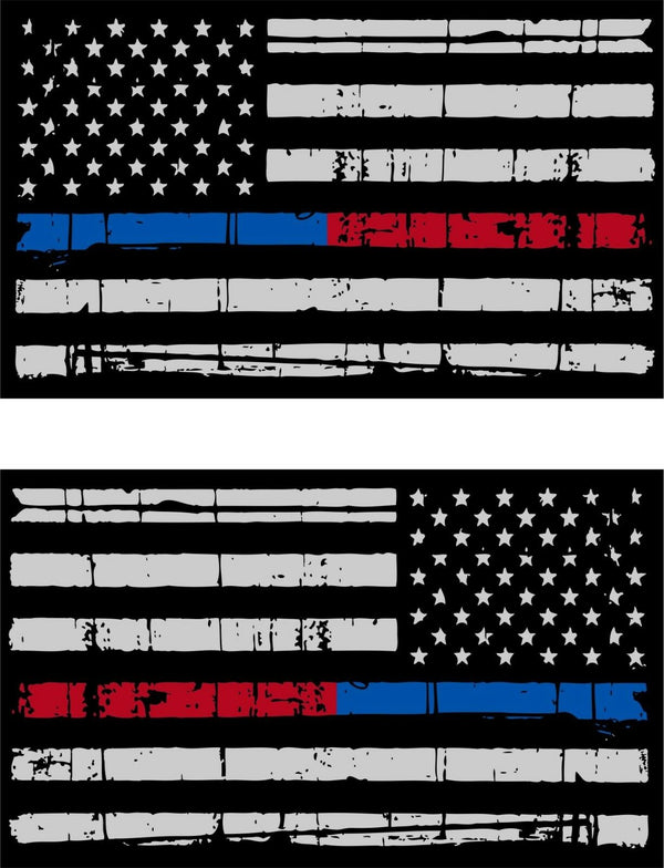 Tattered Police Fire Thin Blue/Red Line reflective American Flag 5"x3" Decal x 2