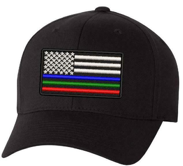 USA Flag Embroidered Flex Fit Hat Police Fire Public Safety Green Red Blue Line