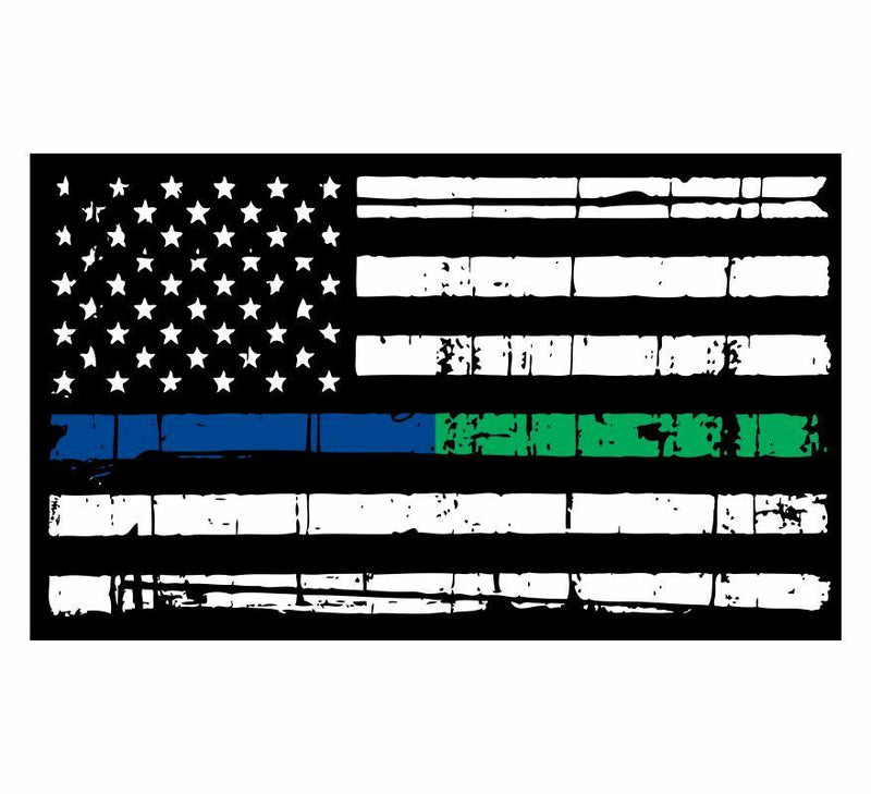 Thin blue line decal flag with BLUE/GREEN stripe, police decal free shipping