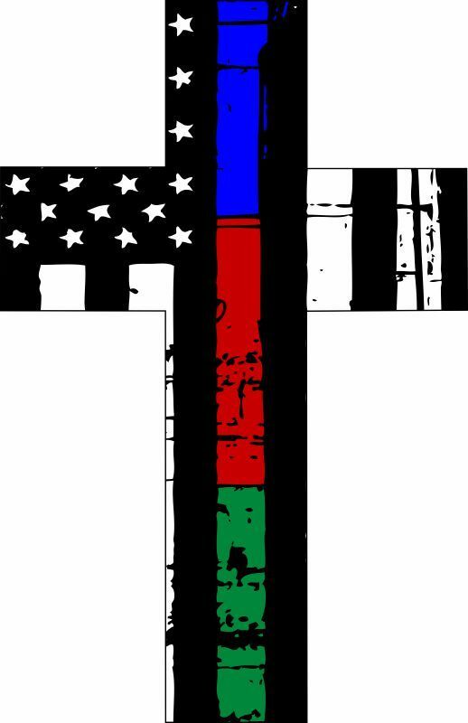 Christian Cross Decal - Tattered Flag Red Blue Green Firefighter Police Decal