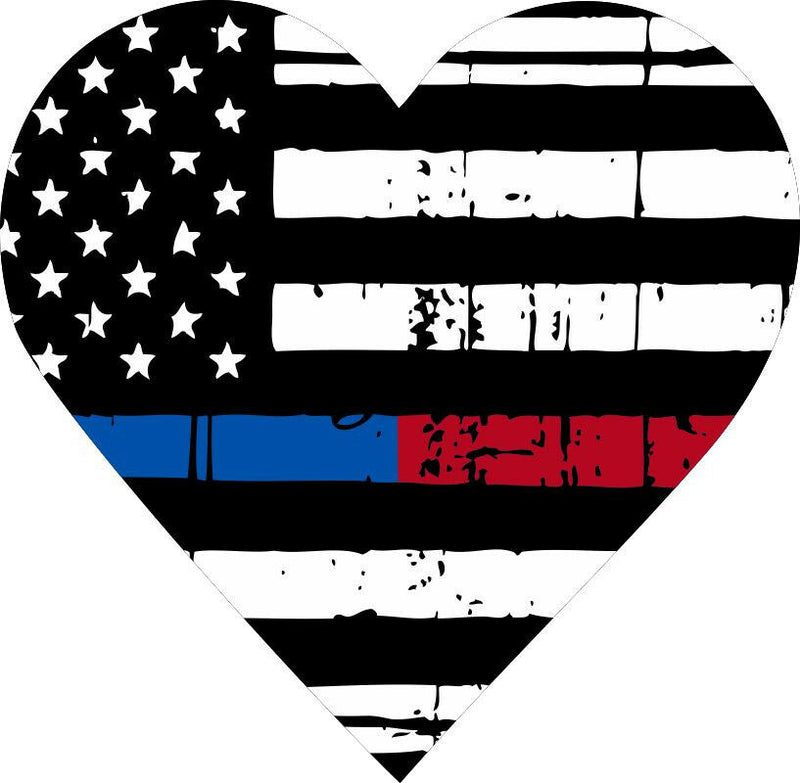 Tattered Police Fire Wife - Tattered Red/Blue Heart Window Decal - Various Sizes