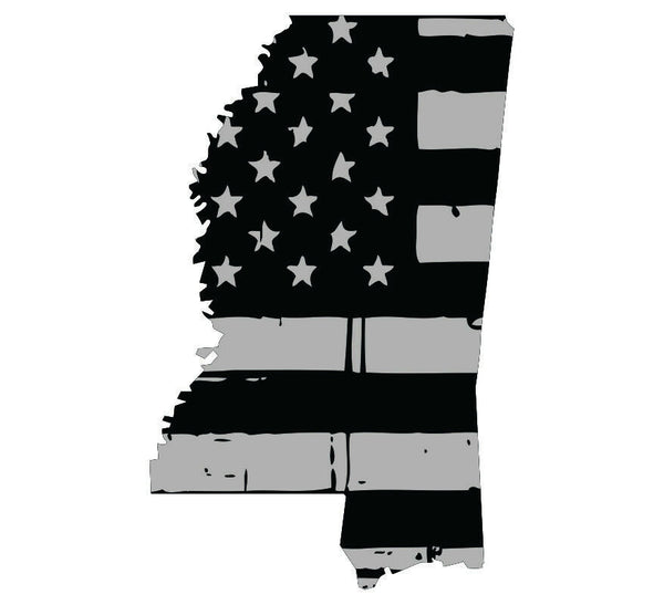 Tattered USA Flag Black/Gray window decal - State of Mississippi various sizes