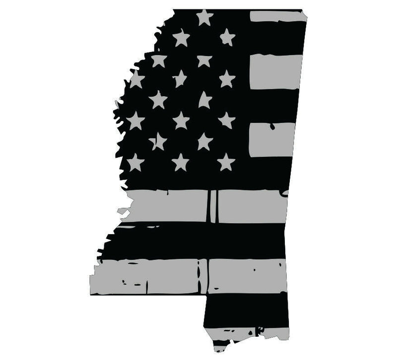 Tattered USA Flag Black/Gray window decal - State of Mississippi various sizes