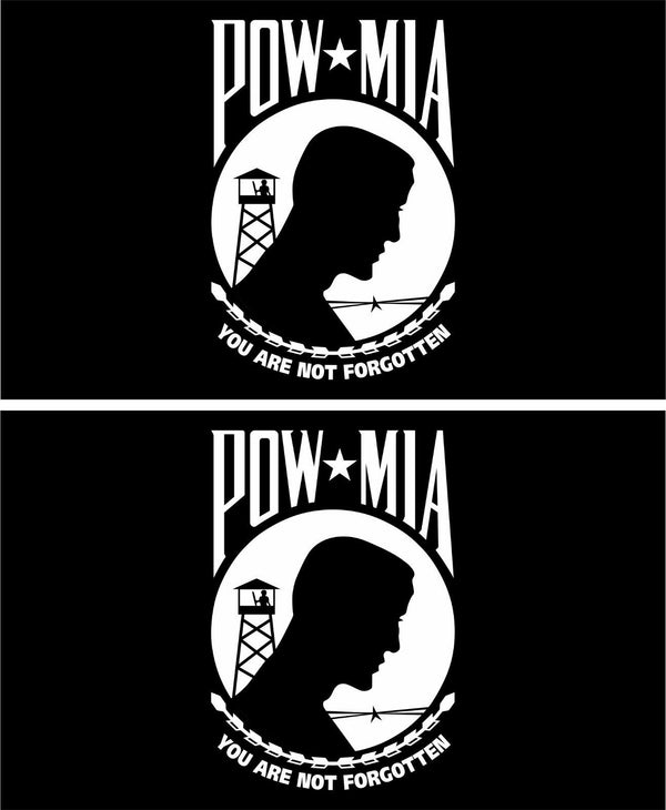 POW MIA Flag Decal x 2 - REFLECTIVE white design on black flag-Various Sizes