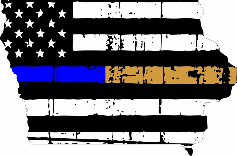 Thin Blue/Gold line decal - State of Iowa Tattered Flag Decal Police Dispatch