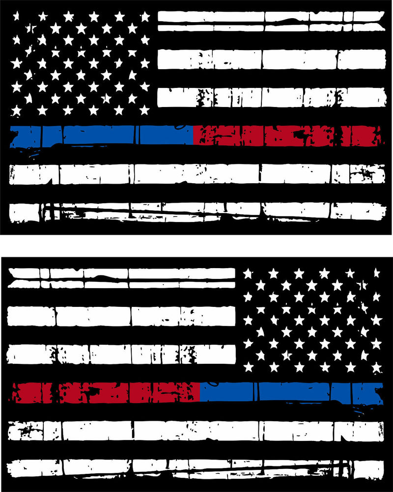 Thin Blue line Thin Red Line Line Tattered Flag Decal Pair, Reg & Reversed