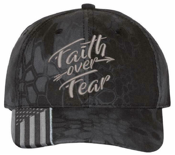 Faith Over Fear Embroidered Kryptek Style Adjustable Hat with USA Flag Brim