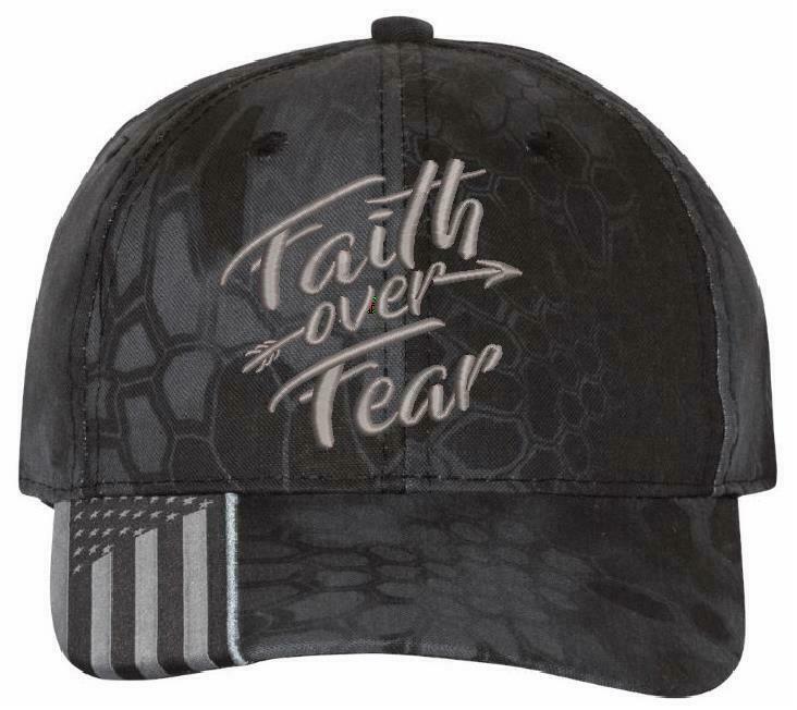 Faith Over Fear Embroidered Kryptek Style Adjustable Hat with USA Flag Brim
