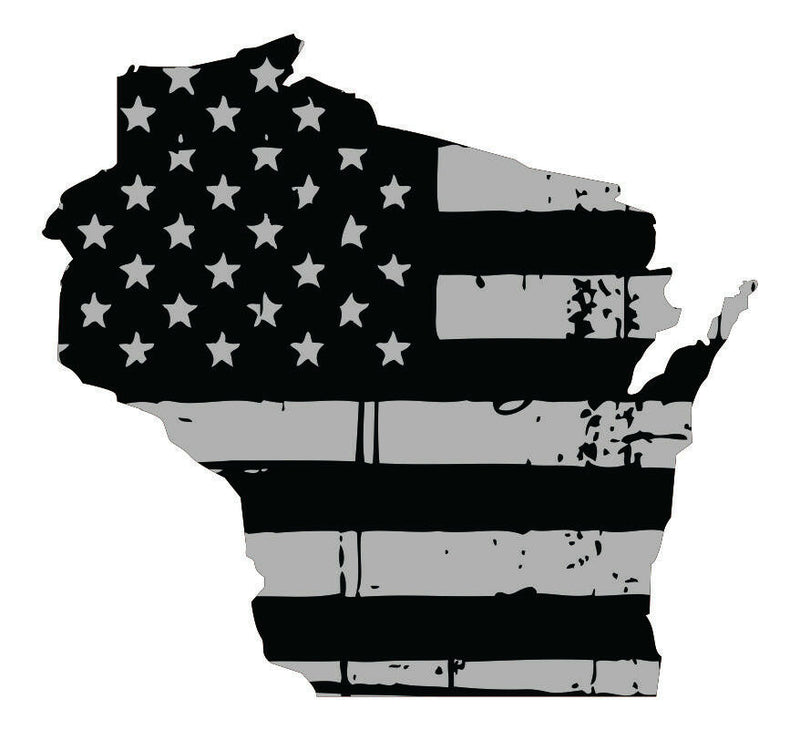 Tattered USA Flag Black/Gray window decal - State of Wisconsin various size