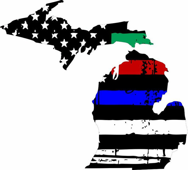 Thin Blue line decal - State of Michigan Tattered Flag Green Red Blue Line Decal