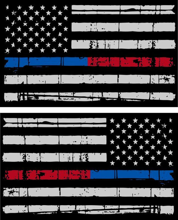 Tattered Police & Fire Thin Blue/Red Line American Flag Decals x 2 - 3" x 1.75"