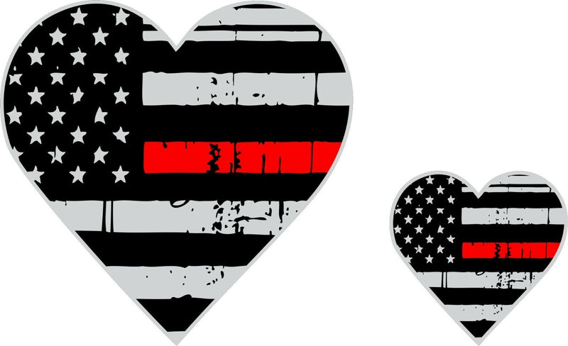 Tattered Firefighter Wife / Firefighter Girlfriend Red Line Heart Flag Decal x2