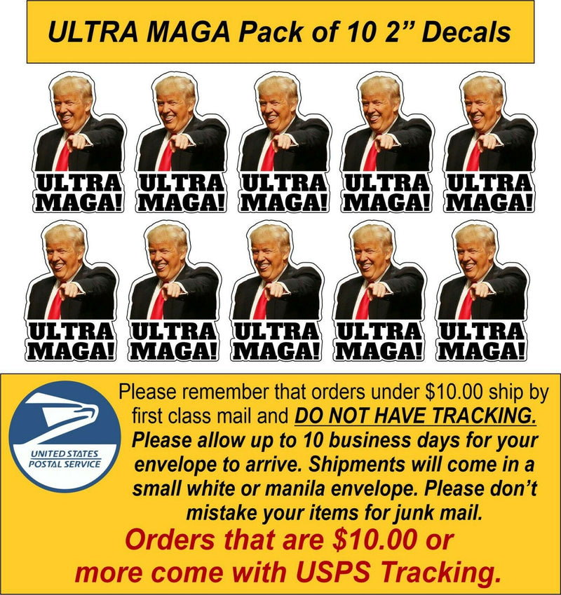 Ultra Maga Sticker Pack of 10 Decals 2" x 1.4" Trump Pointing ULTRA MAGA Decal